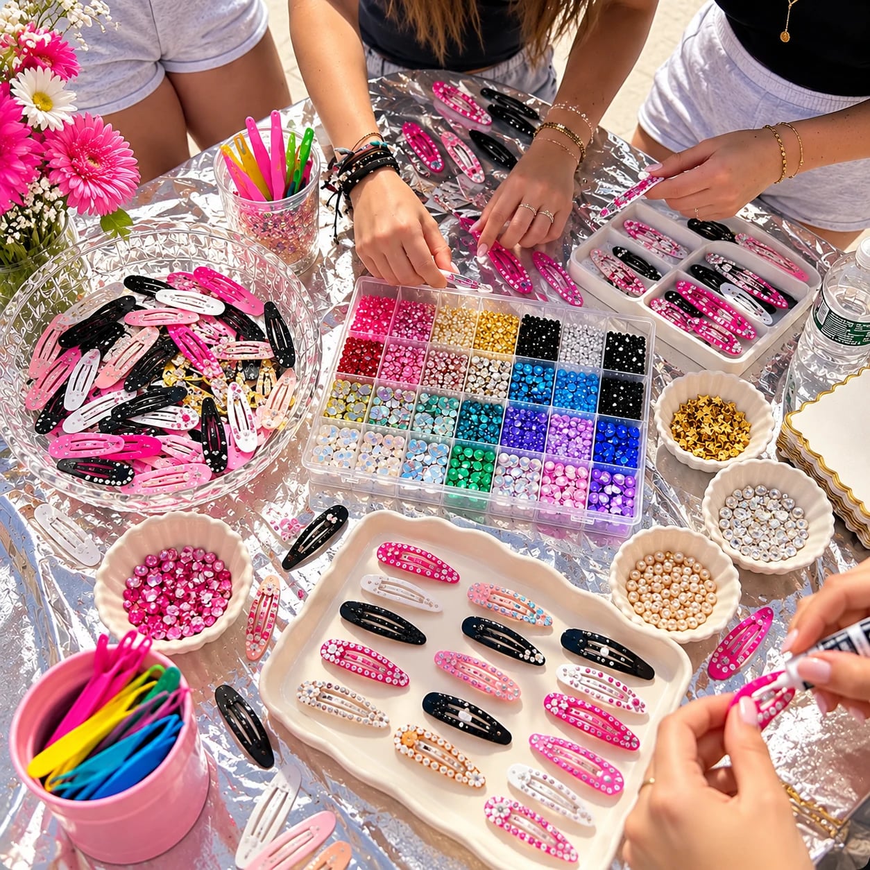 Volunteers decorating hair clips at a community fundraiser