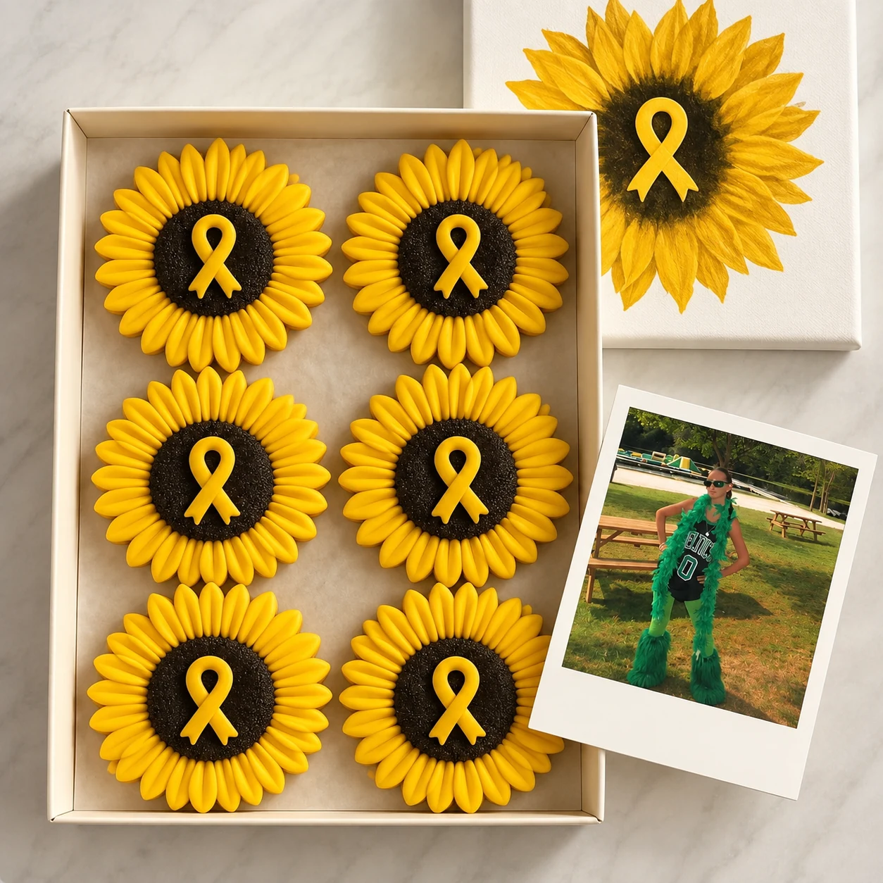 Sunflower cookies decorated with childhood cancer awareness ribbons